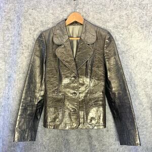 Vintage Metallic Crinkled Leather Blazer, Women’s S, 70’s Or 90’s Jacket Glam